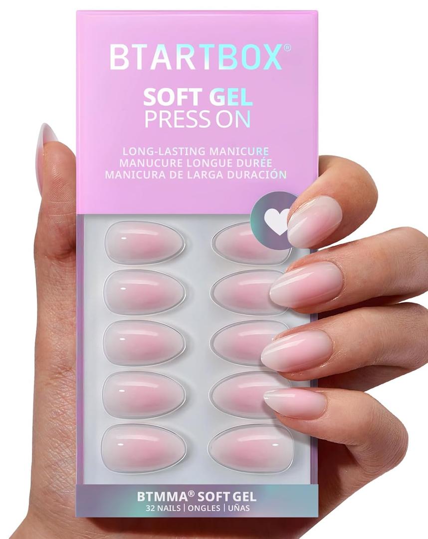 BTArtbox Press On Nails Short  Pink Ombre Almond Press On Nails with Glue for Women, Opaque Soft Gel Glue On Nails in 16 Sizes  32 Stick On Nails Kit, Love Letter