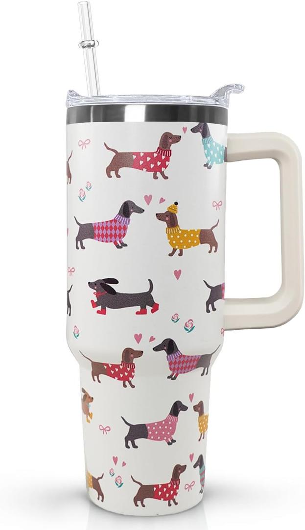 Ceovfoi 40 Oz Dachshund Tumbler With Handle, Dachshund Decor Coffee Travel Mug Cup Water Bottle, Dog Gifts for Women