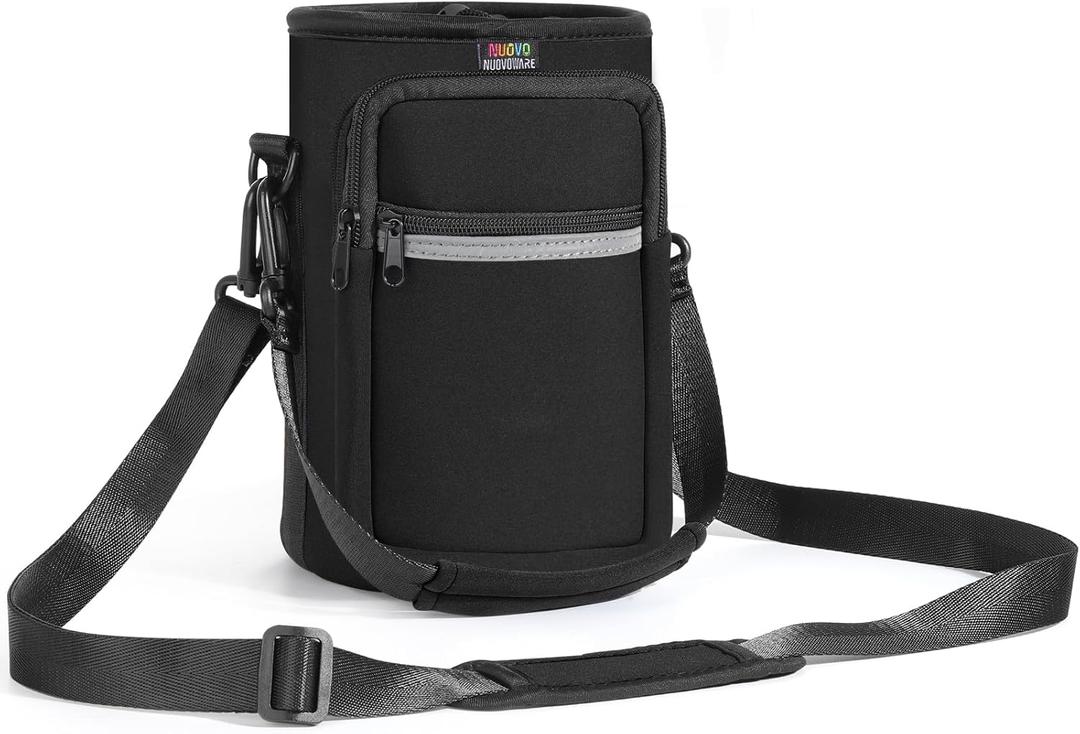 Nuovoware Water Bottle Carrier Bag,25oz/40oz/64oz Bottle Pouch Holder,Adjustable Shoulder Hand Strap 2 Pocket Sling Neoprene Sleeve Sports Accessories for Hiking Travelling Camping (64 Ounces - Standard, Coal Black)