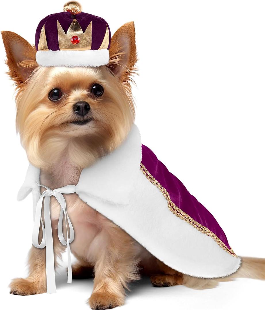 Halloween Dog King Costumes Pet King Fur Cloak Cape and Crown Hat Set for Small Medium Large Dog Cat Halloween Queen Prince Cosplay Dress Outfit for Holiday Party Photo Props(M,Purple)