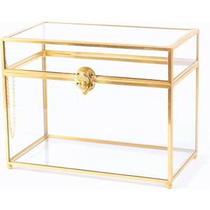 Vellon Gold Clear Glass Wedding Gift Card Box with Buckle Lock, Desktop Cosmetic Storage Organizer with Lib, Keepsake Box/Makeup Container, Golden Jewelry Box