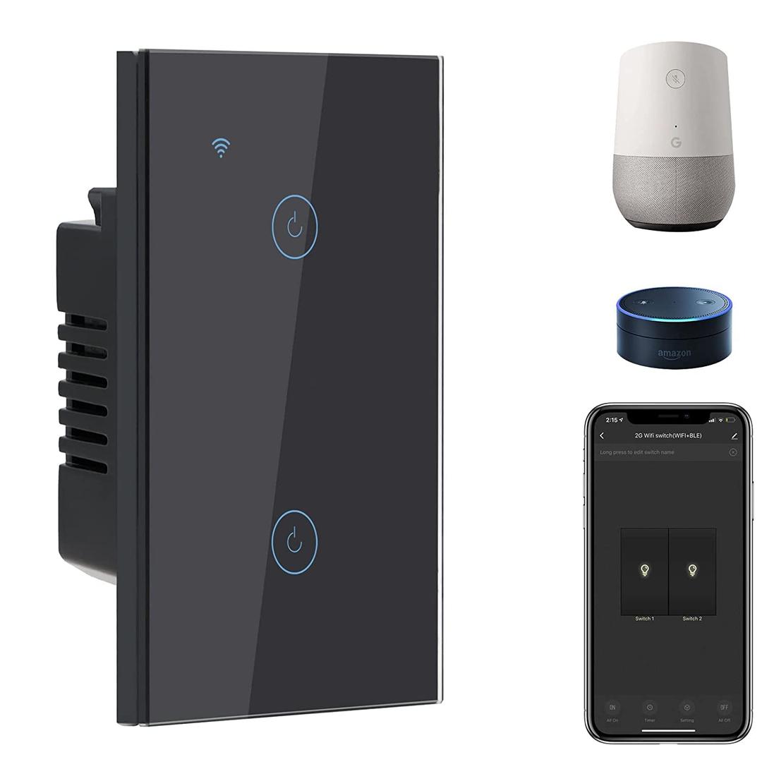 BSEED Smart Light Switch,2 Gang WiFi Touch Switch with Smart Life APP Control and Timing Function,Black Single Pole Switches Work with Amazon Alexa,Google Assistant -(3 Way) Multi-Control Association
