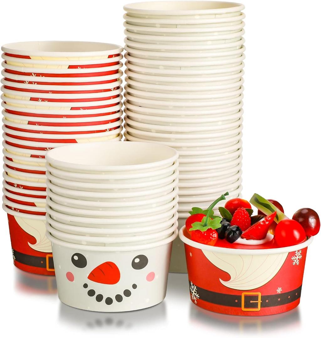 Hotop 72 Pack 16 oz Christmas Snack Cups Disposable Ice Cream Yogurt Paper Bowls Dessert Santa Candy Snowman Sundae Christmas Paper Bowls for Party Supplies (Cute Style)