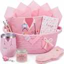 Patelai Nurse Graduation Gift Basket for Women 9 Pcs Nurses Graduation Gift Set with 12oz Tumbler Candle Makeup Bag Socks Badge Reel Pens Woven Basket & Greeting Card Nursing Grad Gifts(Pink)