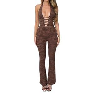 Raruxxin Women Sexy See Through Lace Jumpsuit Sleeveless Backless Cut Out Skinny Long Romper Sheer One Piece Outfit Clubwear (Lar)
