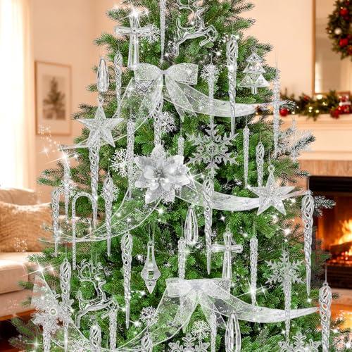 Soulchen 172 Pcs Crystal Christmas Tree Decoration Set Snowflake Icicle Hanging Ornament 21 Style Christmas Decor for Tree Wreath Door with Topper Star Ribbon Flowers for Holiday and Home Decoration