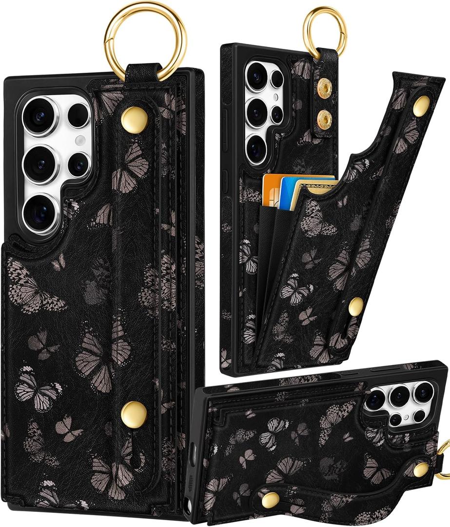 Petitian for Samsung Galaxy S23 Ultra Case with Wallet - Women Girls Cute Girly Aesthetic Unique Design Leather Credit Card Holder Cardholder Stand Wristband for S23 Ultra, Black Butterfly