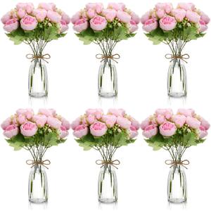 Thiccywoov 19 Pack Artificial Peony Flowers with Vase Bulk, 12 Bundles Faux Peony Bouquet 6 Vase with 1 Rope Silk Flower Arrangement Wedding Table Centerpiece for Wedding Bridal Shower(Hot Pink)