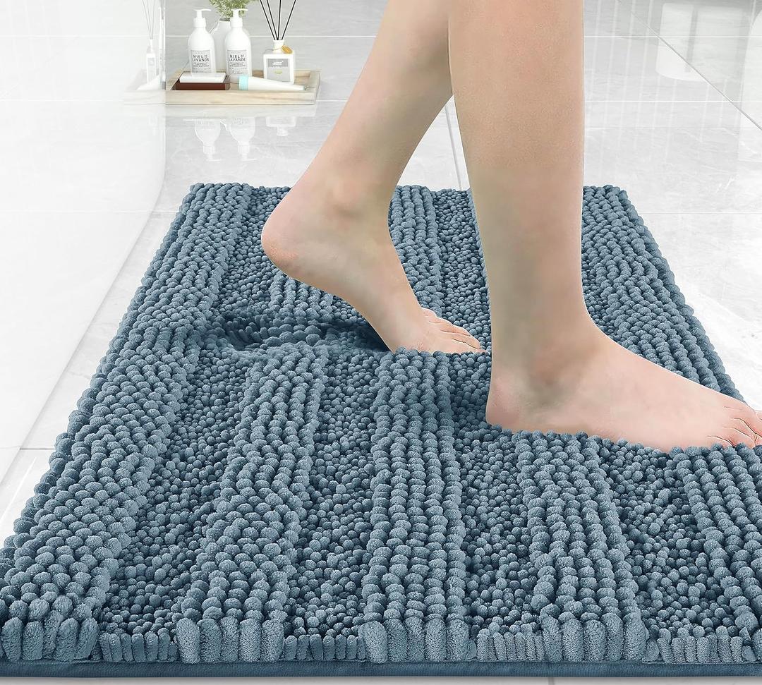 Yimobra Bathroom Rug Mat 24 x 17, Non Slip and Super Absorbent Bath Mat,Machine Washable Quick Dry,Ultra Plush Chenille Shower Rugs for Bathroom Floor Sink Tub and Shower Outside,Denim Blue