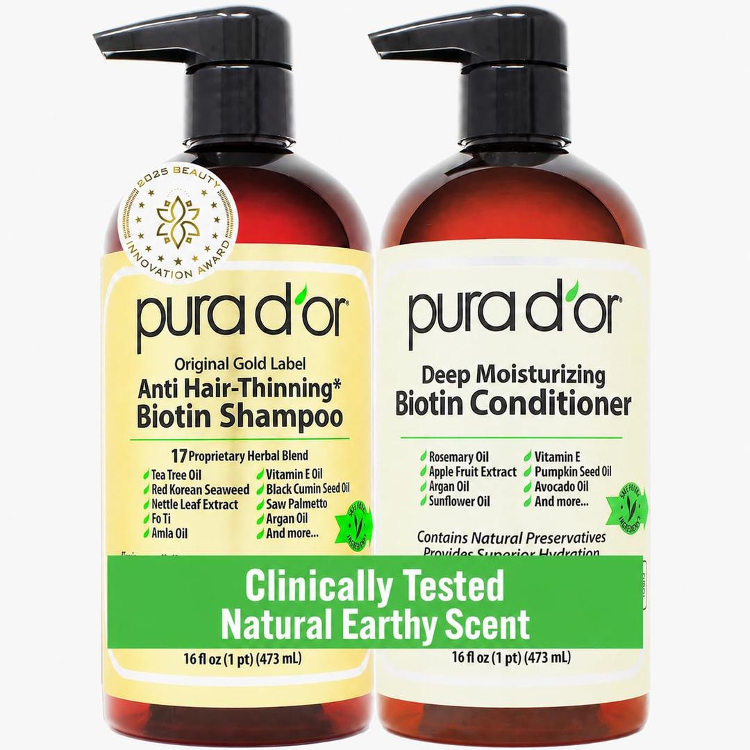 PURA D'OR Anti-Thinning Biotin Shampoo and Conditioner Natural Earthy Scent, CLINICALLY TESTED Effective Results, Herbal Blend Thickening Products For Women & Men, Original Gold Label Set, 16oz x2 | Deep Moisturizing, Conditioner, CLINICALLY TESTED, Effective Results, Hair Thickening, Product