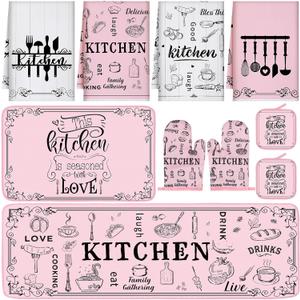Fourluoo 10 Pcs Funny Pink Kitchen Decor Set 4 This Kitchen is Seasoned with Love Dish Towel 2 Pot Holders with Sayings 2 Oven Mitts Glove Rustic Non Slip Rug and Mat for Home Decoration Mom Gift