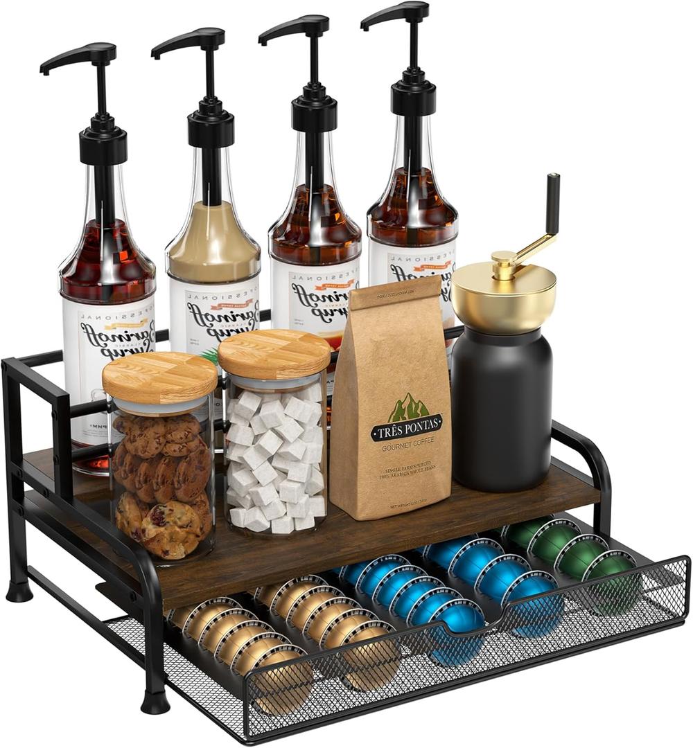 Coffee Syrup Rack Organizer, 3-Tier 8 Bottles Syrup Rack with Pod Holder Drawer for Nespresso Pods, Holds up to 30 Big or 40 Small Capsules, Countertop Coffee Bar Organizer for Kitchen Cafe
