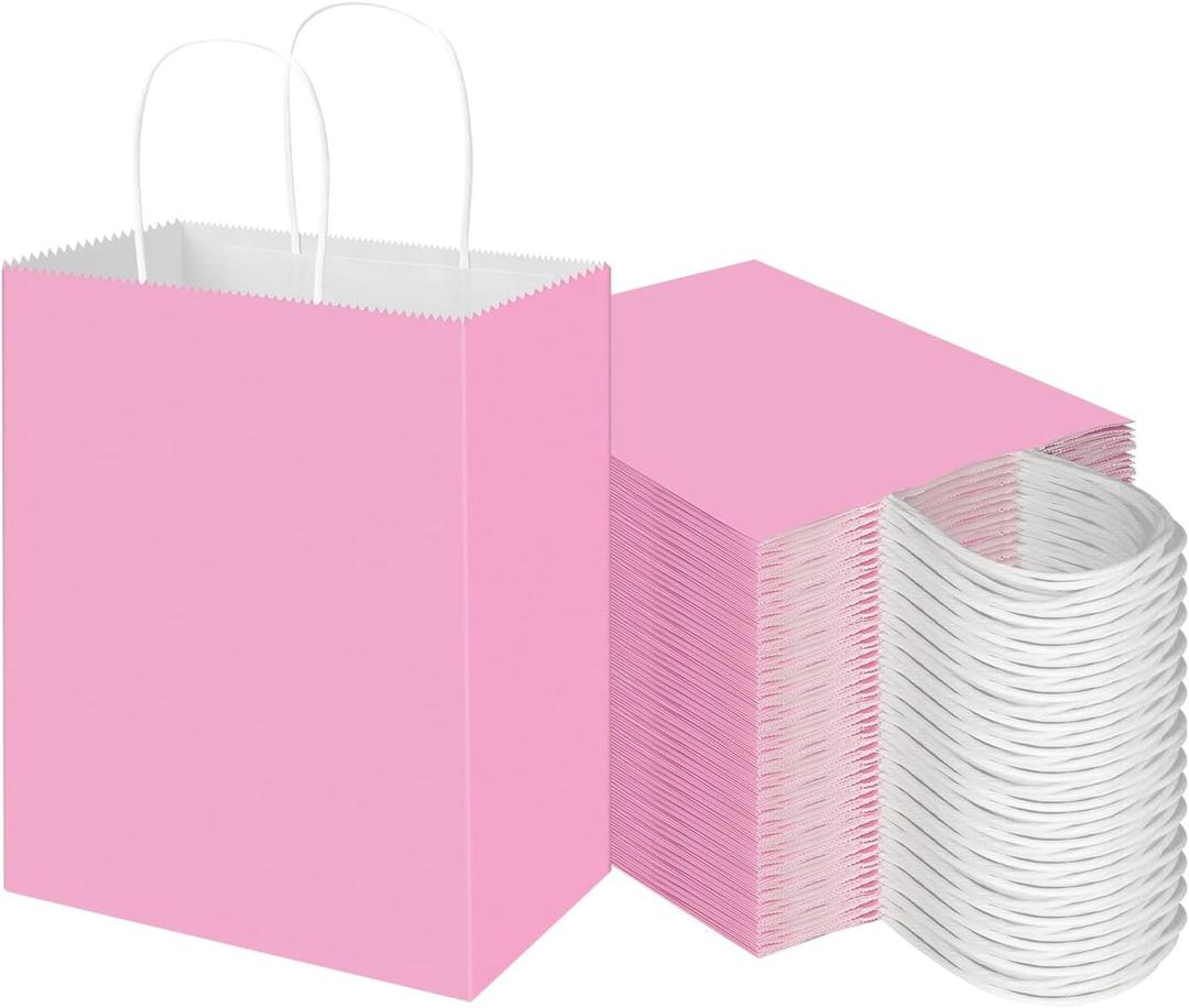 Toovip 100 Pack 8x4.75x10 Inch Medium Light Pink Kraft Paper Bags with Handles Bulk, Gift Wrap Bags for Favors Grocery Retail Party Birthday Shopping Business Goody Craft Merchandise Take Out Sacks