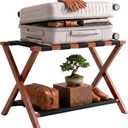 Luggage Rack, Fully Assembled Bamboo Foldable Suitcase Stand for Guest Room, 26.7-Inch Luggage Holder with Storage Shelf & 5 Nylon Straps, for Bedroom and Hote (1 Pack - Brown)