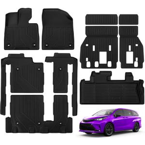 Floor Mats for Toyota Sienna 8 Seat 2025-2021(Not for 2025 Platinum Edition) Full Set All Weather Floor Mats for Toyota Sienna Accessories 2025-2021 TPE Trunk Mat with Backrest Mat Black