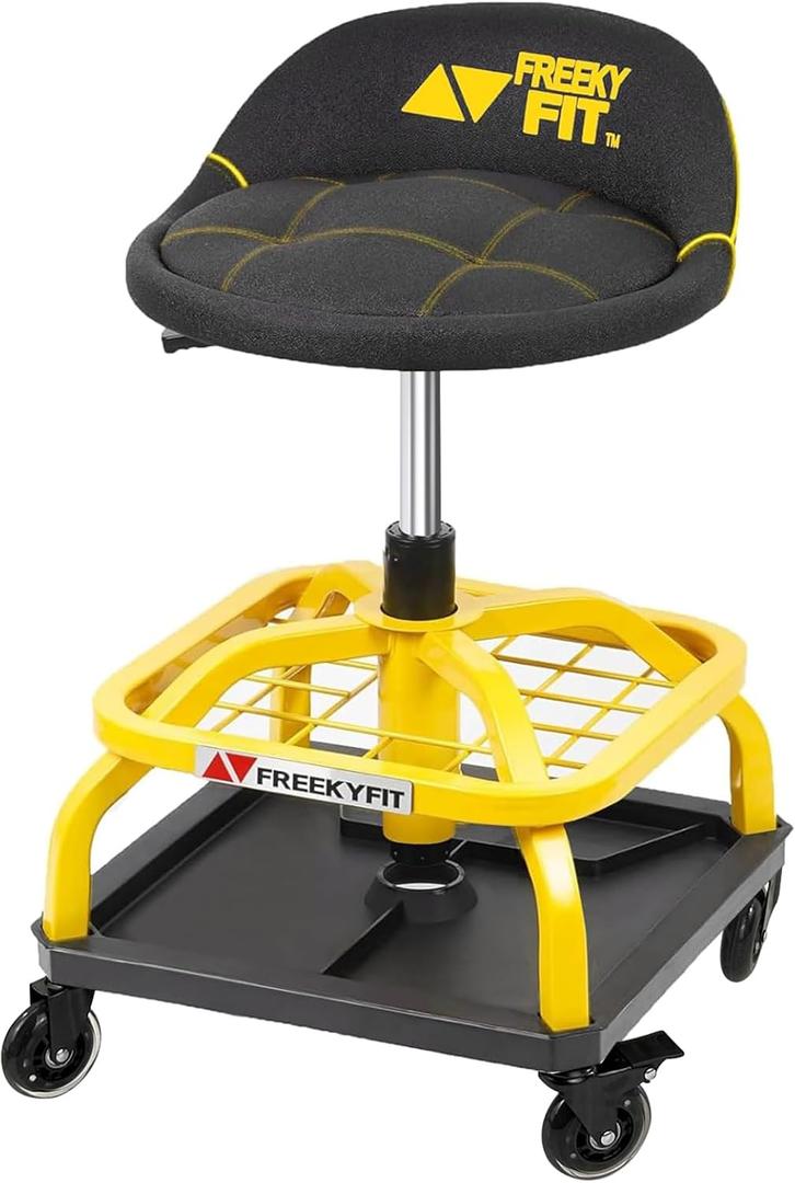 Rolling Shop Stool with Wheels, Garage Work Mechanic Stool with Backrest, Roller Mechanic Chair, Adjustable Height, 360 Swivel, Tool Tray Storage, 330 LBS Capacity, Heavy Duty, Yellow