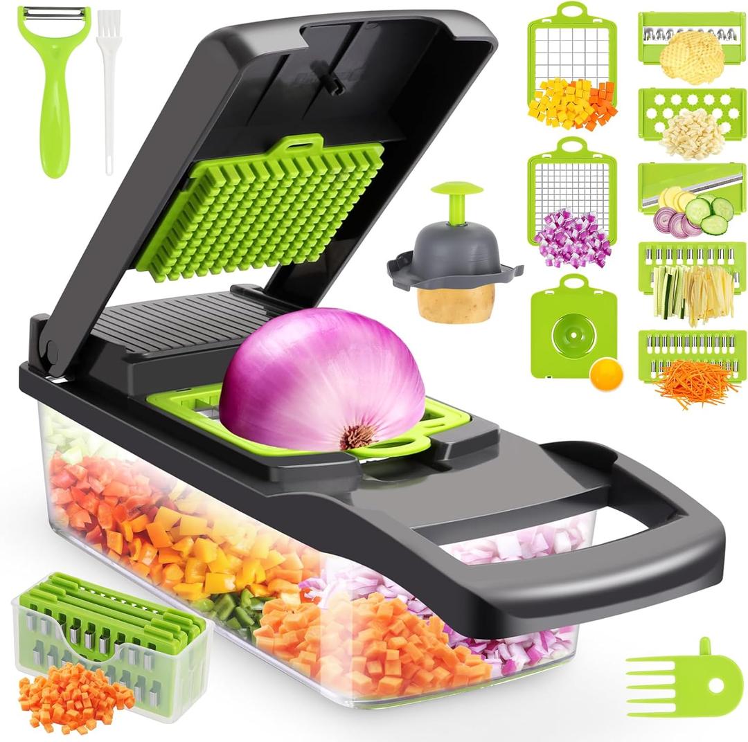 Vegetable Chopper,Senbowe Multifunctional 13-in-1 Food Choppers Onion Chopper Vegetable Slicer Cutter Dicer Veggie chopper with 8 Blades,Colander Basket,Container for Salad Potato Carrot Garlic (Gray+Green)