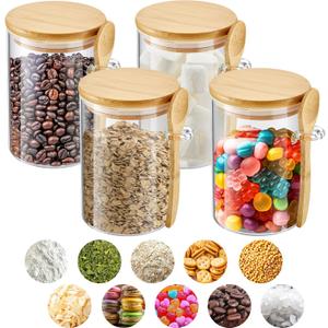 Tessco for you 4 Pack Sugar Jar Glass Container with Spoon Clear Glass Jars with Bamboo Lid and Spoon Scoop for Women Christmas Kitchen Gift Coffee Beans, Spice, Sugar, Nuts, Candy, Salts (17 oz)
