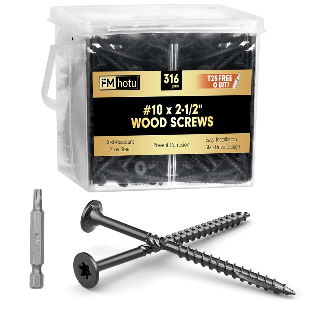 #10 x 2-1/2 Deck Screws, 316Pcs Star Drive Wood Screws, Rust Resistant Timber Screws for Timber/Log/Landscaping Wood, T25 Star Bit Included, Black