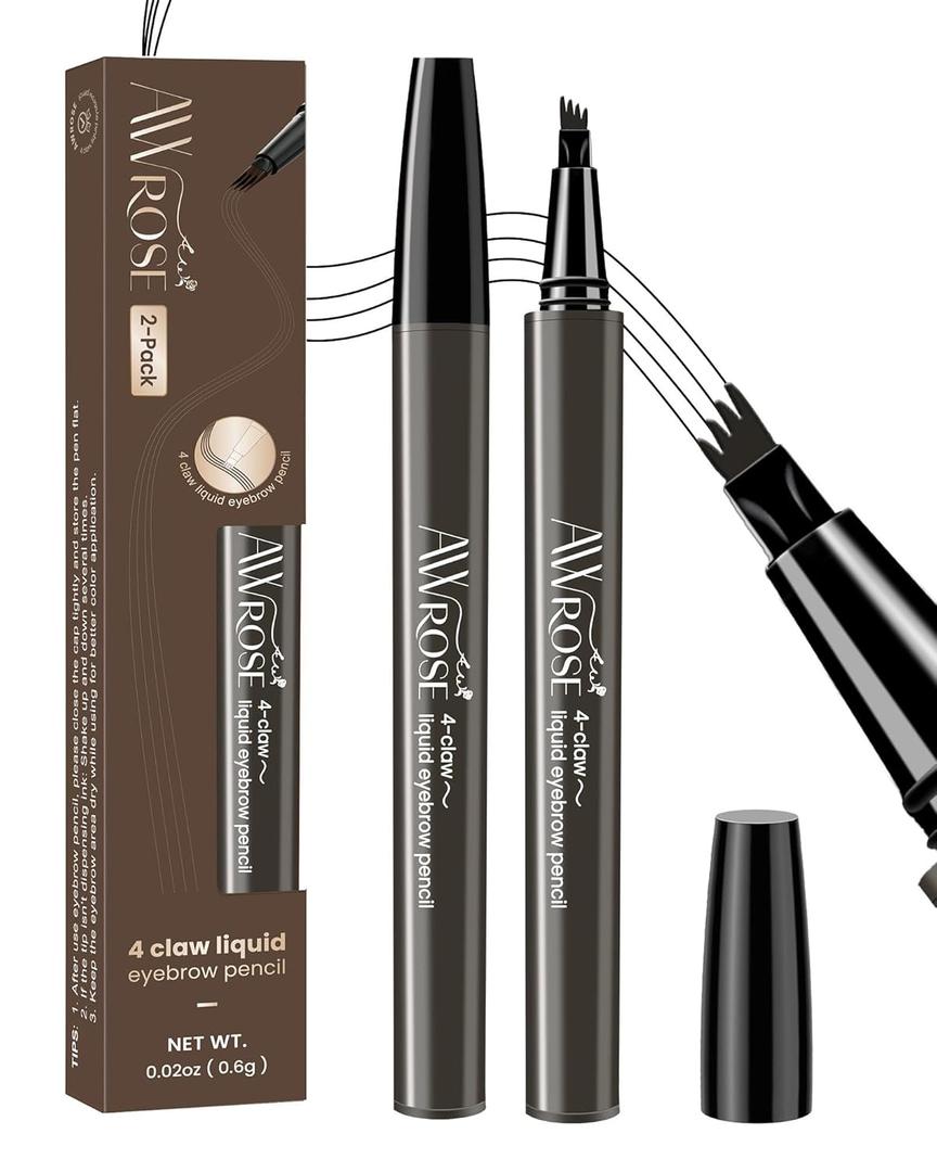 AWROSE Eyebrow Pencil, 2 Pack 3D Microblading 4-Tip Eyebrow Pen, Magic Precise Natural Waterproof Eye Brow Pen with Hair Like Strokes, 4 Fork Tip Multi-Used Eye Brow Pencils for Women, Men (Dark Gray)