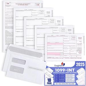 1099 INT Interest Tax Forms Set 4 Part 10 Pack for 2025 And Self-Seal envelopes. Kit For 10 Vendors, Laser Forms Designed for QuickBooks and Accounting Software