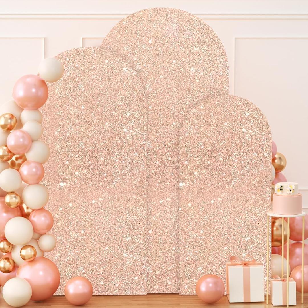FUHSY Set of 3 Arch Backdrop Cover 7.2FT/6.6FT/6FT Rose Gold Spandex Sequin Arch Covers Stretchy Backdrop Glitter Wedding Arch Stand Cover for Birthday Party Banquet Graduation Ceremony Decoration