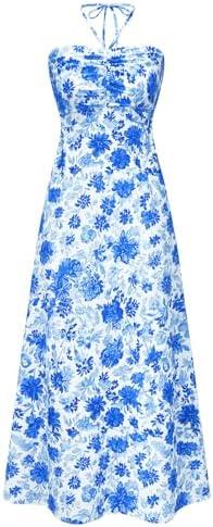 IHOT Women's Halterneck Floral Maxi Dresses Sleeveless Summer Casual Beach Vacation Dress S
