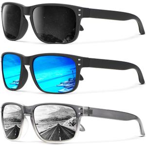 KALIYADI Polarized Sunglasses for Men and Women Vintage Style Sun Glasses for Fishing Running Driving with UV Protection ((3 Pack) Grey/Ice Blue/Silver)