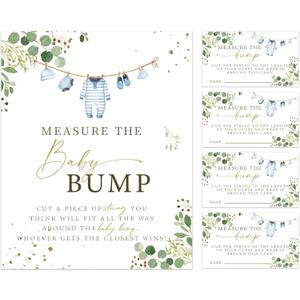 Whaline Baby Shower Games 50Pcs Eucalyptus Leaves Measure The Baby Bump Cards with Sign How Big is Mommy's Belly Game Cards for Party Favor Supplies
