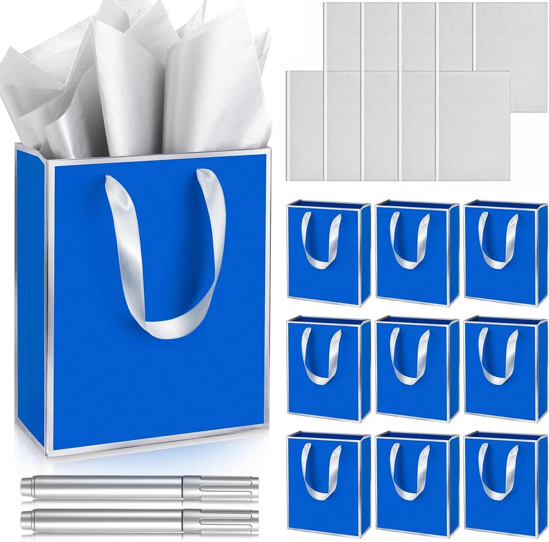 Yeaqee 10 Pack Metallic Paper Gift Bags with Handle Tissue Paper Thank You 5 Senses Gift Bag for Birthday Wedding Baby Shower Groomsmen Bridal Graduation Party Favor 9 x 7 x 3.15''(Royal Blue, Silver)