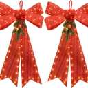 Christmas Tree Bow, 2 Pack 17'' x 24'' Tree Topper with 90 LED Lights, Battery Powered Red Bow Christmas Decorations with Pine Cone Bell for Indoor Home Window Wall Door Front Outdoor Xmas Decorations