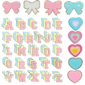 Kaloolon Chenille Patches for Clothing Letter Self Adhesive 87 Pcs Cute Colorful Love Heart Bow Patches for Jeans Embroidered Applique (Novel Style)