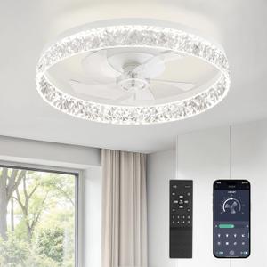 LEDIARY 22" Modern Ceiling Fans with Lights and Remote, Dimmable Low Profile Ceiling Fan, Flush Mount Ceiling Fan, Stepless Color Temperature Change and 6 Speeds - White