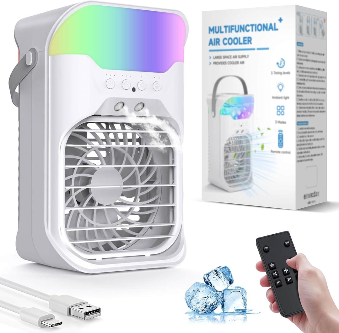 Portable Air Conditioner, 2026 Upgraded 4-IN-1 Portable Ice Fan with 3 Cooling Speeds & 1500ml Water Tank, 2 Cool Mist Ultra-Quiet Desktop AC Fan with Remote & 2-8H Timer for Bedroom, Office, Home