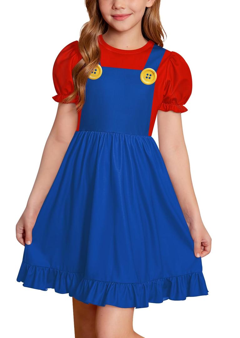 Women, Girls Halloween Ruffled Short Sleeve Cute Dress Crewneck Maryo Casual Graphic Holiday Outfit Hero Blue , XXL