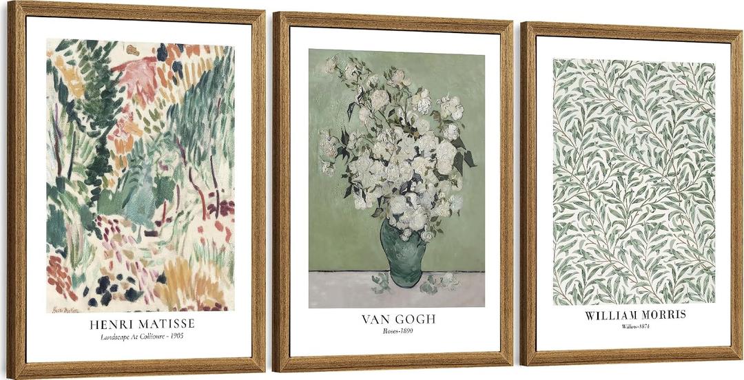 FWAHREN 3 Piece Framed Vintage Botanical Floral Canvas Wall Art Set, Matisse Van Gogh William Morris Paintings, Large Pictures Prints Wall Decor for Living Room Bedroom Bathroom Office, 12x16in