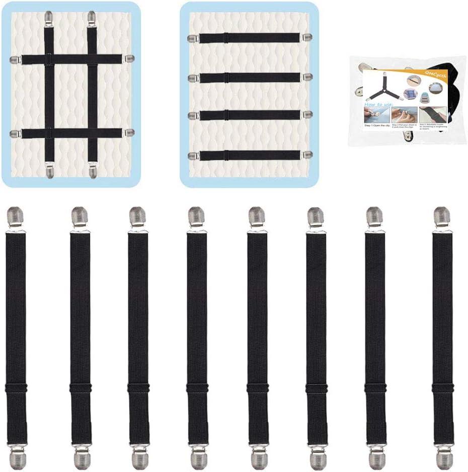 Adjustable Bed Sheet Straps Clips, Elastic Mattress Sheet Fasteners Holder and Suspenders, Grippers to Hold Sheet, Mattress, Sofa, Couch, Table Cloth, Ironing Board Cover, 8Pcs, Black