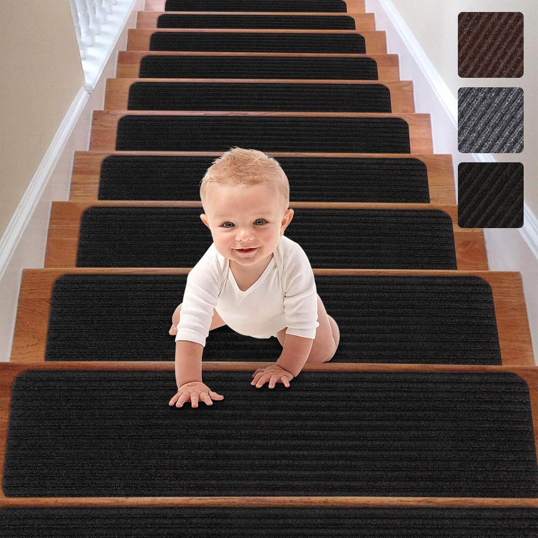 RIOLAND Stair Treads Carpet Non-Slip Indoor Stair Runners for Wooden Steps, Stair Rugs for Kids and Dogs, Set of 15, 8" X 30", Black