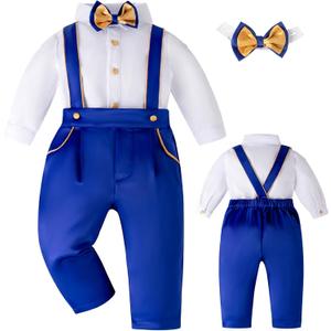 Booulfi Baby Boy Toddler Suits Boys Formal Clothes Bowtie Shift Suspenders Gentleman Outfit Boy Clothes 3 Months-3T (White)