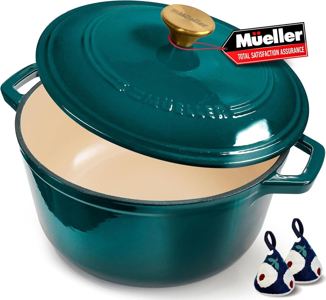 Mueller DuraCast 6 Quart Enameled Cast Iron Dutch Oven Pot with Lid
Sourdough Bread Baking, PFOA-Free, 500°F Oven Safe - All Cooktops incl. Induction, Braising & Slow Cooking, Emerald