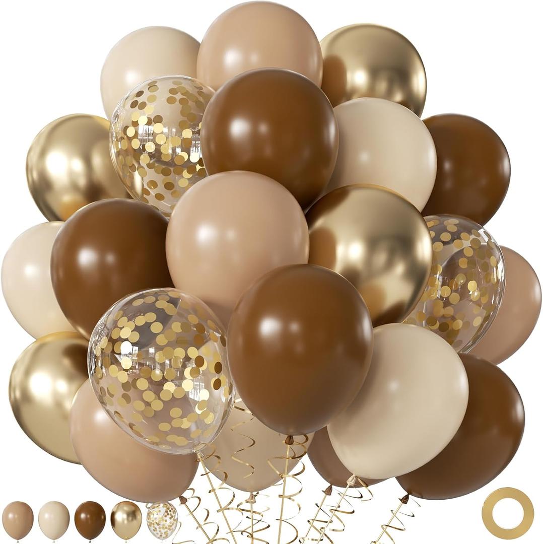 Brown and Gold Balloons, 60Pcs 12 Inch Brown Tan Nude Sand White Gold Confetti Balloons for Boho Neutral Bear Baby Shower Gender Reveal Wedding Birthday Party Decorations