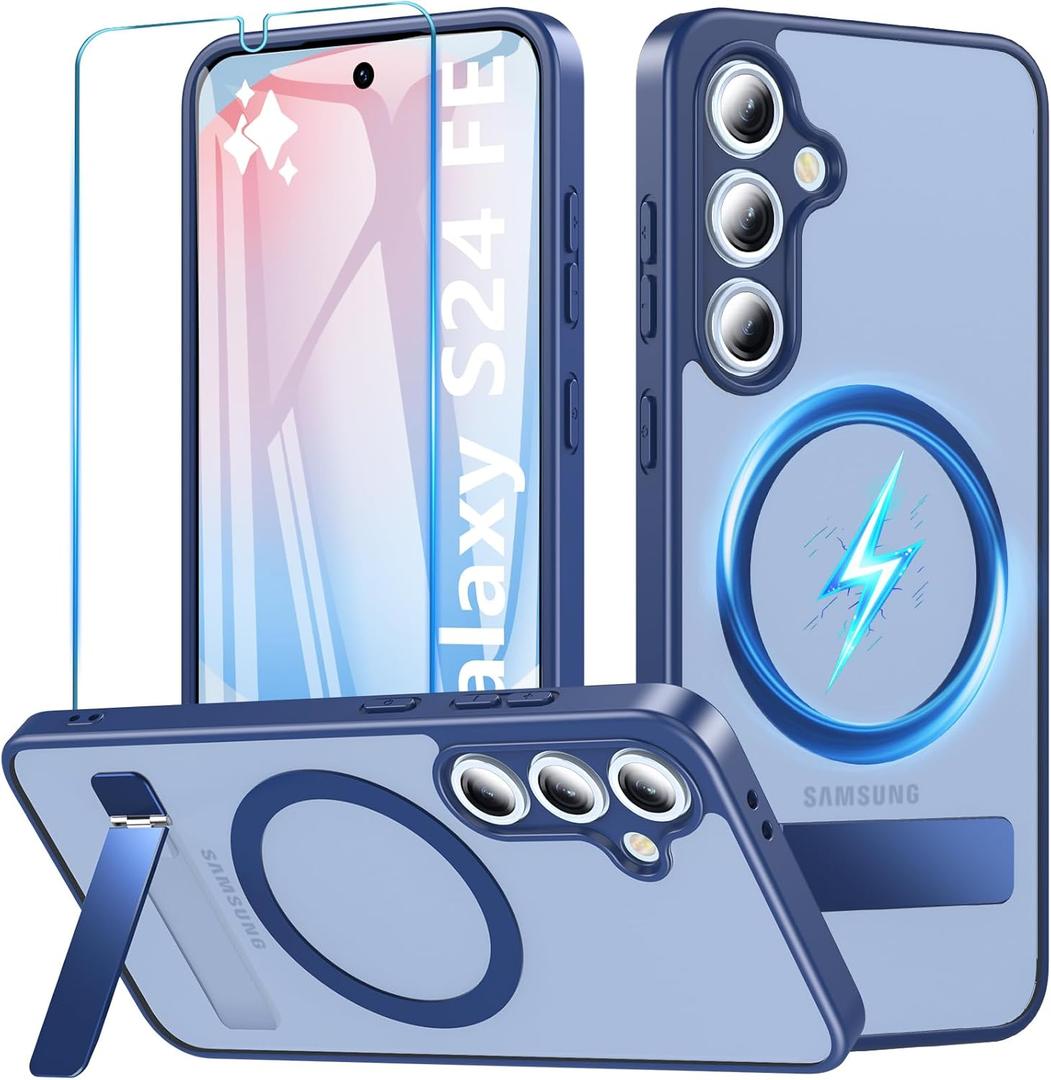 Hensinple for Samsung Galaxy S24 FE Case with Glass Screen Protector& Built in Stand, Military Shockproof Rugged Heavy Duty Protection Slim Matte Transparent Cover Phone Case for Galaxy S24 FE(Blue)