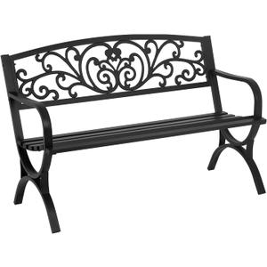 Patio Garden Bench 50 inch Outdoor Metal Loveseat Chairs with Armrests Slatted Seat and w/Floral Design Backrest for Park, Yard, Porch, Lawn, Balcony, Backyard, Black