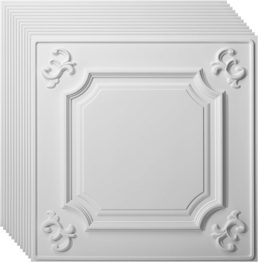 Art3d Drop Ceiling Tiles 24x24,(12-Pack, 48 Sq.ft),Wainscoting Panels Glue Up 2x2, Cloud-White