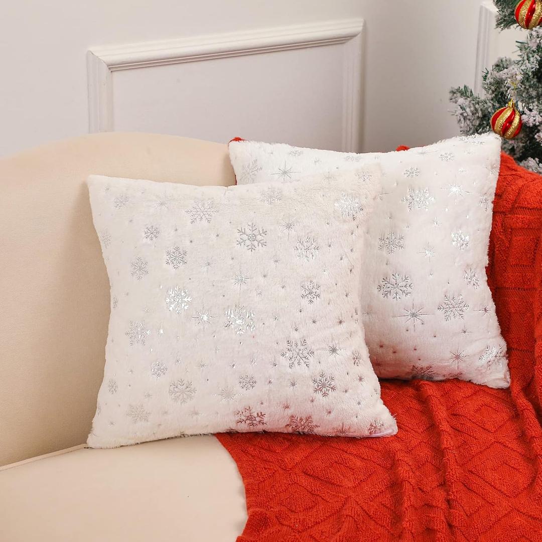 Christmas Pillow Covers 18 x 18 - Throw Pillow Covers Set with Hidden Zipper, Decorative Faux Fur Throw Pillows with Snowflakes, Christmas Decorations