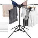 4-Leg Clothes Drying Rack with 6 Adjustable Poles, 20 Windproof Hooks and 2 Sock Clips Foldable Laundry Drying Rack, Space-Saving Indoor/Outdoor Clothes No-Installation Drying Stand, Black, Adjustable Height
