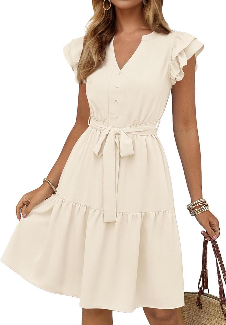 KIRUNDO Summer Dresses for Women 2026 Spring Flutter Sleeve V Neck Ruffle Flowy Tiered Knee Length Beach Vacation Sundress(Beige, Medium)