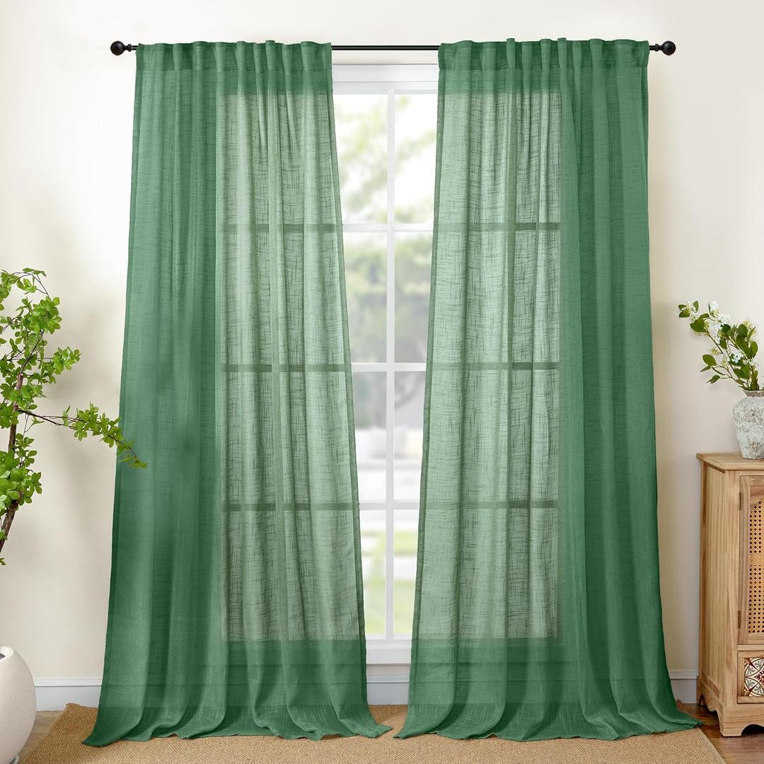 YoungsTex Green Linen Semi Sheer Curtains 84 Inch Length - Light Filtering Drapes with Back Tab Rod Pocket Lightweight for Living Room Window, 2 Panels, 52 X 84 Inch