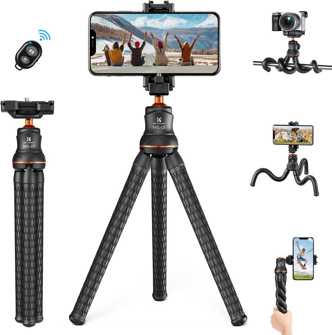 K&F CONCEPT Mini Tripod Stand, Flexible Camera Cellphone Tripod with Bluetooth Remote, 1/4'' Screw with Phone Holder&Cold Shoe, 6.6lbs Max Load Compatible with Smartphone/Canon Nikon Sony Camera, Black