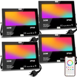 LED Flood Light Outdoor 30W, 300W Equivalent 3000LM Smart RGB Landscape Lighting with APP Control, DIY Scenes - Timing - Warm White 2700K - Color Changing Uplight, IP66, US Plug MELPO (4 Pack)
